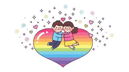 Affectionate Embrace: A depiction of two adorable figures sharing a heartwarming embrace, set within a colorful rainbow-themed heart, radiating an atmosphere of pure love and connection.