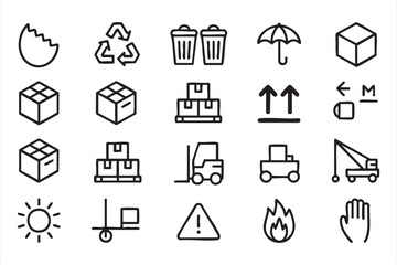 Warehouse Handling Icons for Pallets, Forklift Operations, Cargo Stacking, and Safety Labels