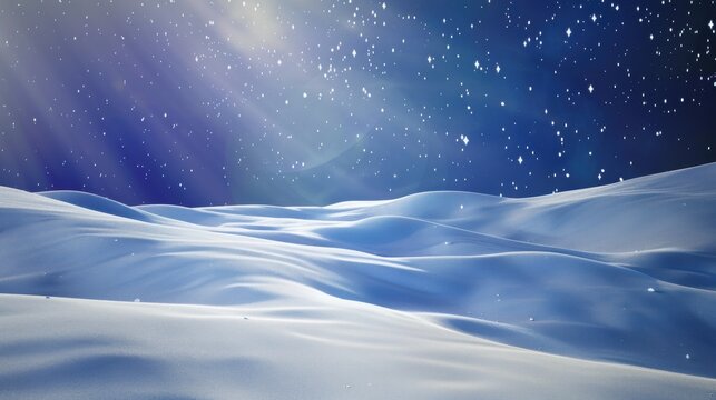 Snowy landscape with starry night sky and moonlight, winter background
