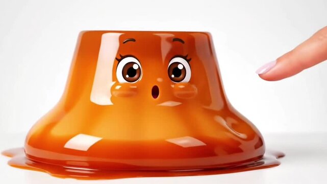 Cute 3D animated caramel pudding character getting poked by a finger, jiggling with a happy face on white background