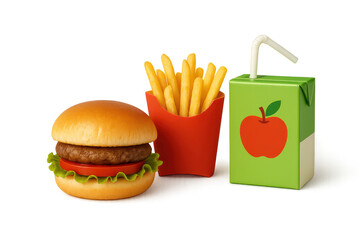 Meal with burger and juice on transparent background, served with fries