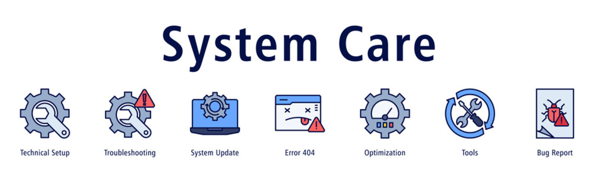System Care banner with icons of Technical Setup, Troubleshooting, System Update, Error 404, Optimization, Tools and Bug Report.