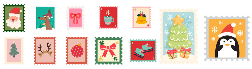 Christmas Postage Stamp Clipart Set – Santa, Reindeer, Tree, Penguin, Gifts, Holiday Icons PNG