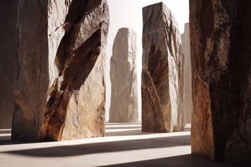 Abstract stone monoliths stand in formation. The monoliths cast long shadows in a minimalist space, creating a sense of mystery and awe.