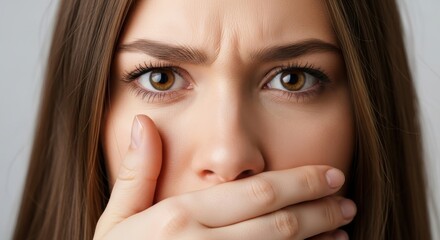 Woman looking afraid and shocked with hand on mouth