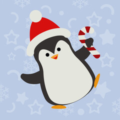 Cute dancing penguin in Santa hat holding  red and white candy cane. Festive winter vector illustration perfect for Christmas cards, banners, invitations, and holiday designs