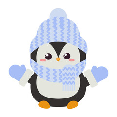 Sweet baby penguin boy wearing blue knitted sweater, hat, and mittens. Ideal for Christmas cards, children’s illustrations, winter design, and festive promotions