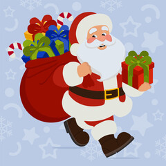 Festive Santa Claus carrying red Christmas gift bag. Perfect element for holiday cards, banners, invitations, seasonal ads, and winter promotional designs