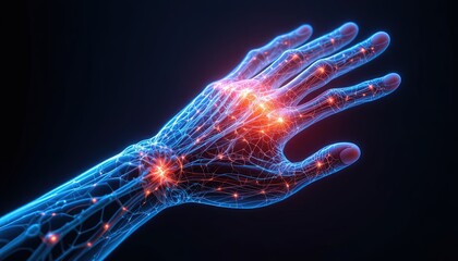 Stunning anatomical hand illustration with glowing nerve network for medical research, vibrant neurology presentation, or innovative healthcare marketing material