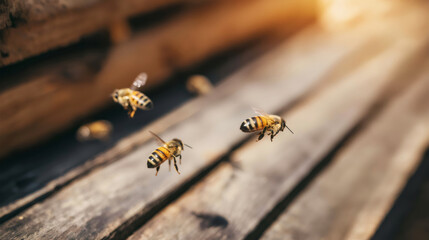 Honey bees flying near wooden beehive entrance, actively pollinating and gathering nectar for the colony