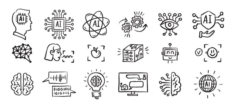 Artificial Intelligence Icons grunge chalk hand drawn doodle Brush set. Outline AI drawing crayon 
