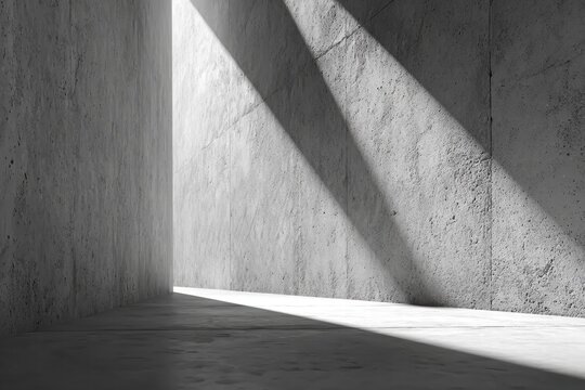 A minimalist concrete corridor illuminated by stark beams of sunlight, creating a study in light, shadow, texture and austere architectural design.