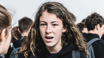 Teenage girl with curly hair expressing surprise during a conversation with a friend in a group of young people