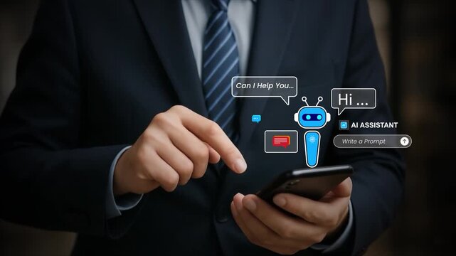 User interacting with AI chatbot on mobile device, surrounded by speech bubbles, voice waveforms, command prompt bar, representing conversational AI, virtual assistant, Support Interaction and smart c