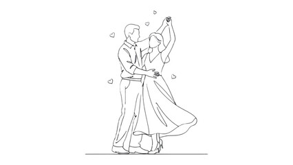Romantic Waltz: A couple gracefully dances, their bodies intertwined in a beautiful moment of love, against a backdrop of delicate hearts. 