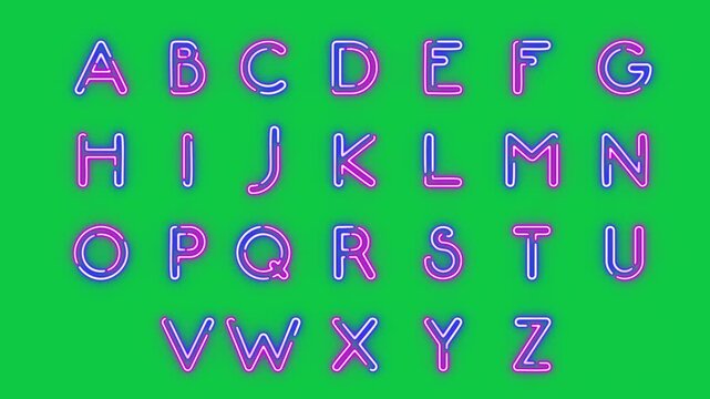alphabet letters pink blue neon lights flicker glowing font green screen animation,chroma key uppercase letters motion design element