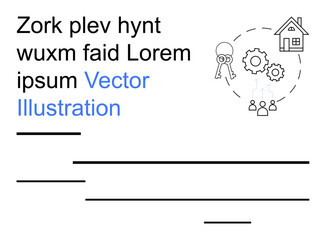 Team collaboration, workflow processes, resource sharing, business strategy, key management, communication. Outline of keys, gears a house and people. Workflow and collaboration concept