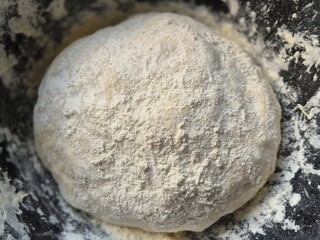 Evocative image of homemade pizza dough in Italy made with flour, salt, water, and brewer's yeast

