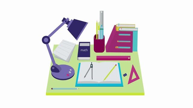 Study desk with math books lamp and drawing tools on white background education learning