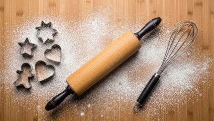 Baking Essentials - Rolling Pin, Whisk, and Cookie Cutters on Floured Wooden Surface.