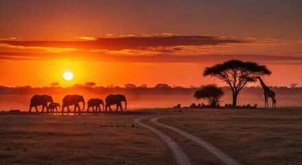 Magnificent african twilight featuring elephants and giraffe silhouette at dawn