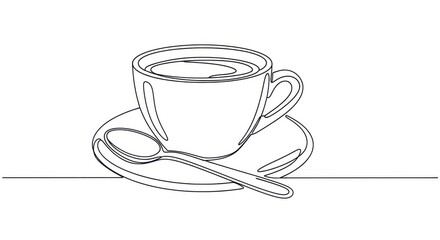 Elegant minimalist continuous line drawing of coffee cup with spoon on white