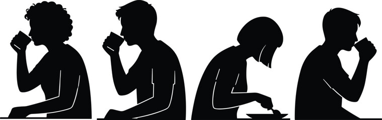 Collection of diverse business men and women silhouettes, in professional suits, representing success, communication, presentation, and various corporate action poses