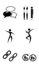 Abstract icons set communication art brushes pencil dancing fitness link chain connection family group isolated white background graphic design elements concept