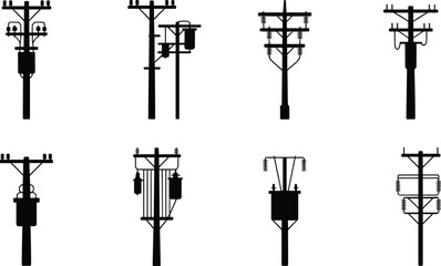 Collection of Silhouetted Electricity Poles with Transformers and Insulators power line utility pole