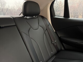Modern black perforated leather car interior with focus on the rear seat, headrest, and seatbelt. Clean, stylish, and premium automotive design for comfort and safety. Ideal for travel, transportation