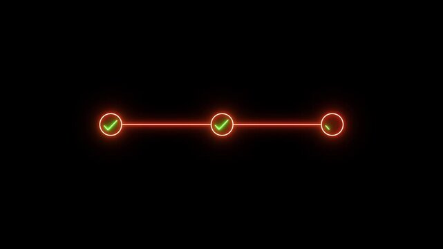 Glowing neon 3 step infographic process with check mark icon on black background. step by step process with check marks motion graphics, 4k video