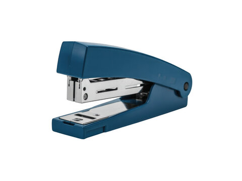 Blue stapler with metal parts open isolated on a transparent background office stationery