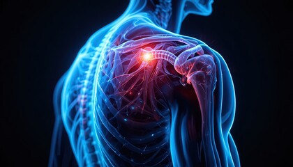 Detailed shoulder anatomy illustration highlighting joint pain and inflammation, perfect for medical education and healthcare marketing materials