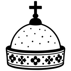 Black and white minimalist vector illustration of an Orthodox Christian church dome with a cross, decorated with dots and floral ornament band, isolated on a white background.
