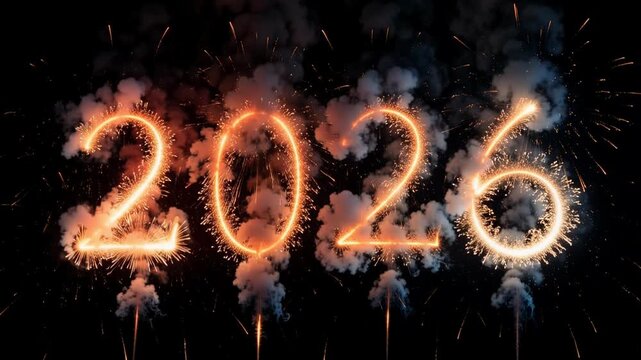 Spectacular firecrackers exploding in night sky with smoke trails forming the number 2026 new year celebration concept 4k video