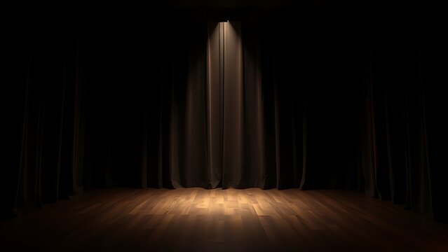 mortification. Theater curtain rises on an empty stage under a single dramatic spotlight. event programs, museum guides, designed for cultural heritage projects and event programs.