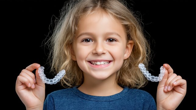 Smiling caucasian child holding clear dental aligners against black background