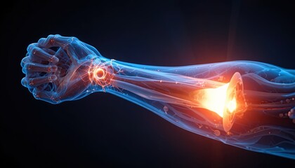 Stunning medical visualization of arm with nerve damage and wrist pain, glowing in vibrant red and blue, ideal for health and science projects.