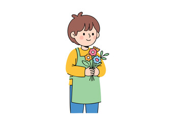Cartoon florist wearing apron and holding a bouquet of flowers on white background