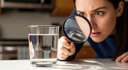 Woman examining water quality with magnifying glass