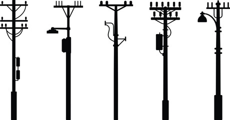 Five black silhouette utility poles with electrical components and streetlights Keywords: utility pole, silhouette, power line