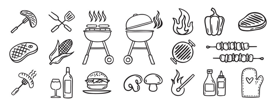 Barbecue grill party doodle hand drawn icon set. Outline drawing BBQ tools charcoal firewood and products line clipart symbol collection 