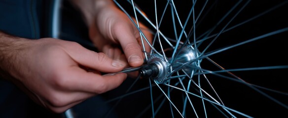 Bike mechanic carefully adjusting spokes feeling focused and determined to perfect the ride.