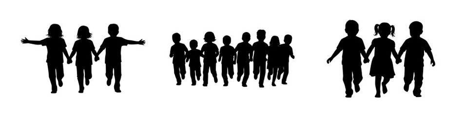 Silhouetted Children, Walking Together in a Row
