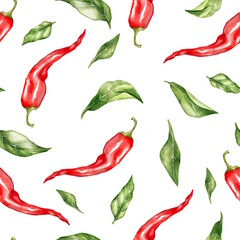 Hand-drawn illustration of a seamless pattern with red chili peppers and green leaves scattered on a white background