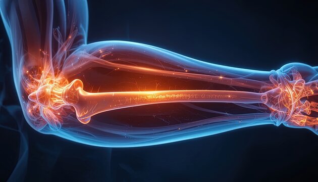 Detailed arm bone structure with glowing nerves for medical research presentations and innovative healthcare designs, perfect for educational resources