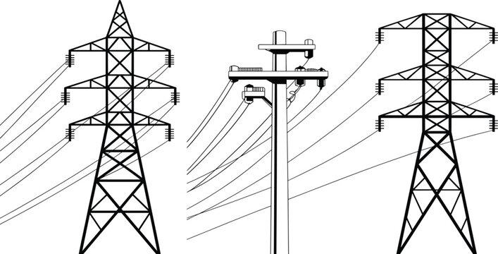 Electricity Transmission Towers and a Utility Pole with Wires electricity tower pylon