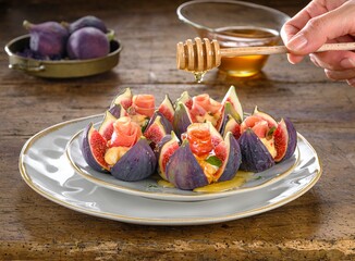 A hand delicately drizzles honey onto figs, artfully arranged on a plate with prosciutto, creating a tantalizing gourmet dish, ready to eat