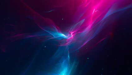 Abstract neon light streaks and wisps of smoke glowing with vibrant pink and cyan hues against a dark background, creating a dynamic and ethereal visual effect