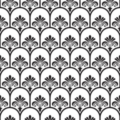 Seamless black floral damask pattern with vintage leaf swirl decoration for textile design and retro wallpaper